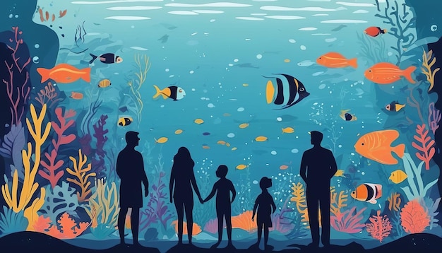 ベクトル 魚と海を見ている家族の絵画