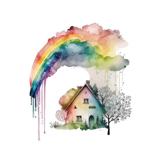 上に虹がかかった家の絵。