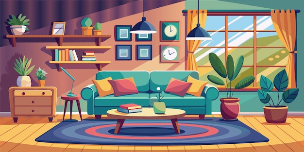 Вектор Картина гостиной с диваном и кофейным столом