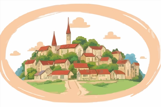벡터 언덕 위 에 있는 교회 를 가진 마을 의 그림