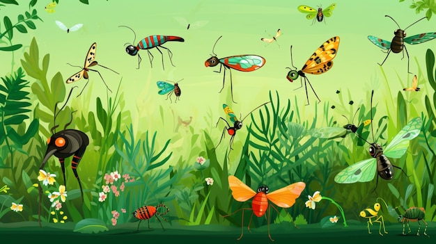 Вектор Картина бабочек и растений с бабочками на зеленом фоне