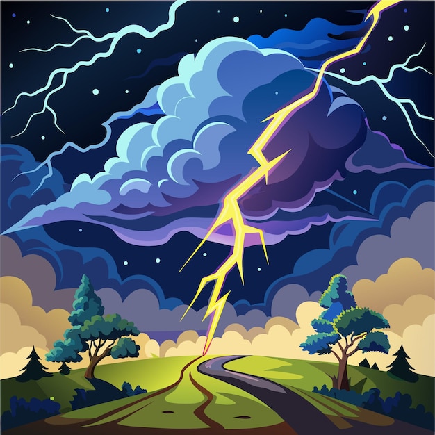 Вектор Картина молнии и заката с штормовым облаком