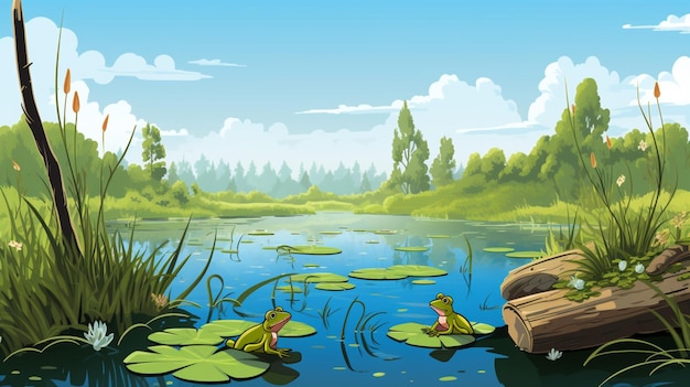 ベクトル 水中のカメと池のカメの絵画