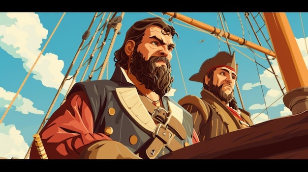 벡터 해적 유니폼을 입은 두 남자의 그림과 아래쪽의 해적이라는 단어