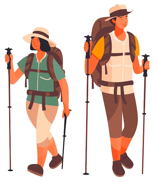 ベクトル ハイキング用具を着た男女のペアが一緒にハイキングに行く