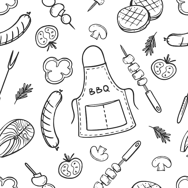 흰색 배경에 있는 레스토랑 바 카페 메뉴에 대한 그릴 및 바베큐 요소가 있는 패턴