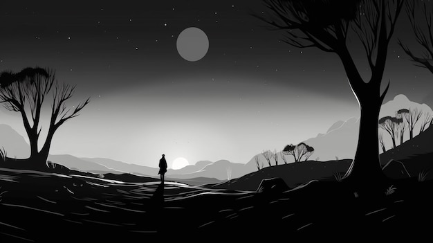 Вектор Человек стоит в пустыне с луной на заднем плане