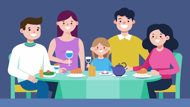 벡터 저녁 식사 테이블 주위에 모인 가족의 사진은 강하고 성숙한 삶을 창조하는 목표를 나타니다.