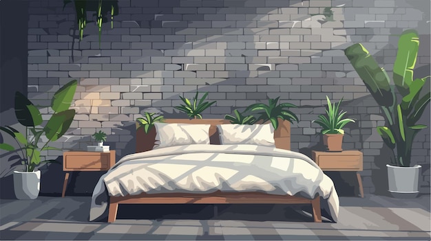 Вектор Картинка кровати с растением на ней и кирпичной стеной