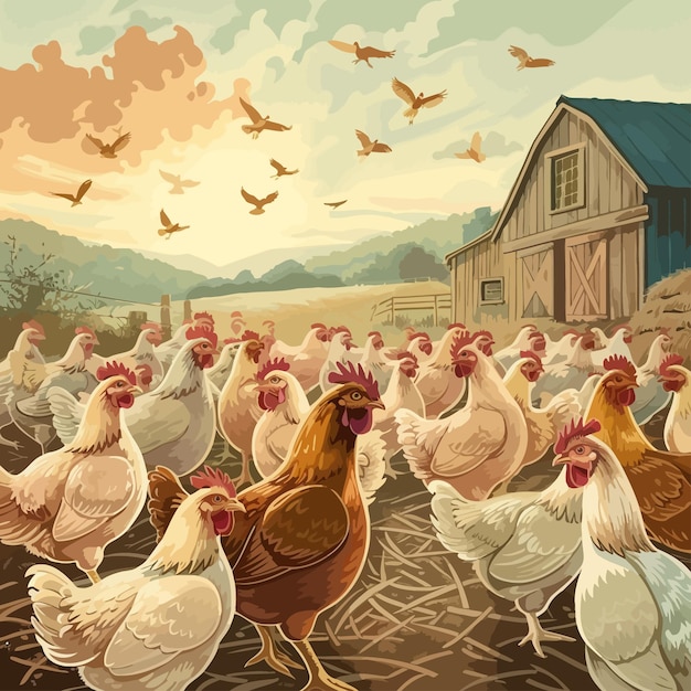 Вектор Картинка фермы с амбаром и цыплятами
