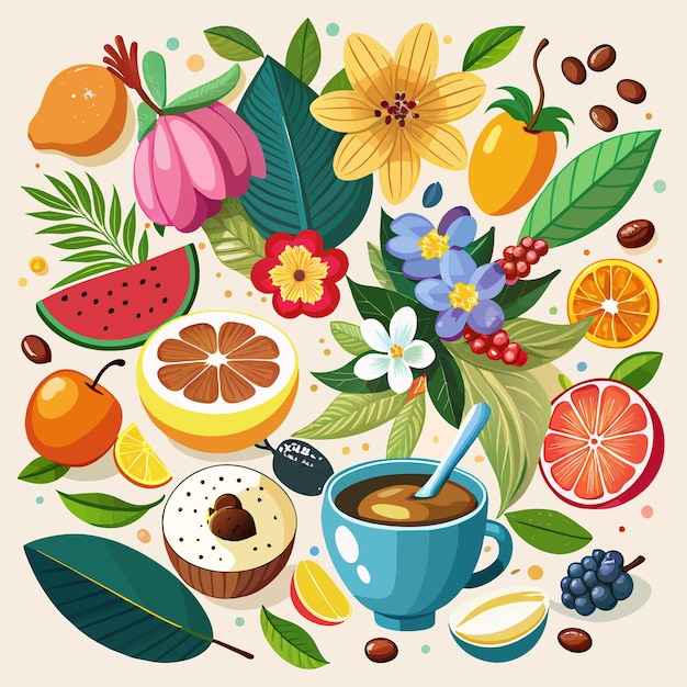 Вектор Картинка цветов и фруктов с чашечкой кофе