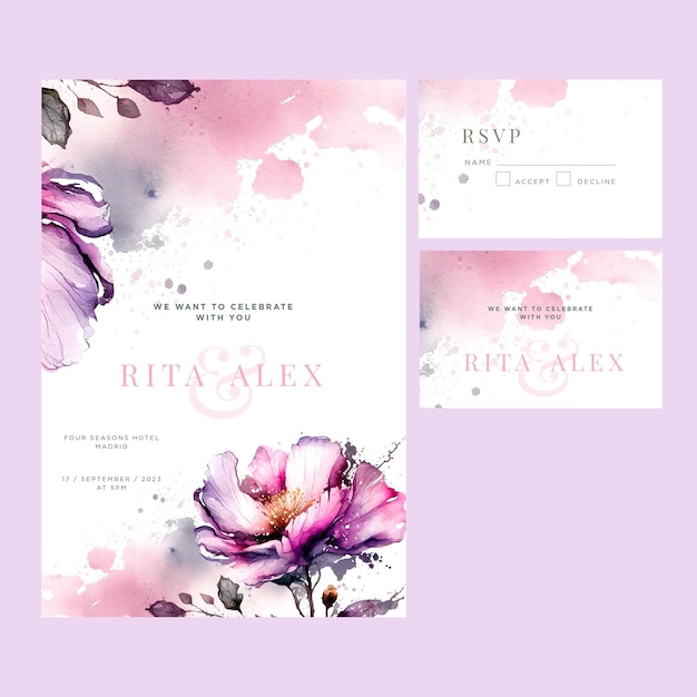 ベクトル 花と「ritz」の文字が描かれたピンクと紫の結婚式の招待状