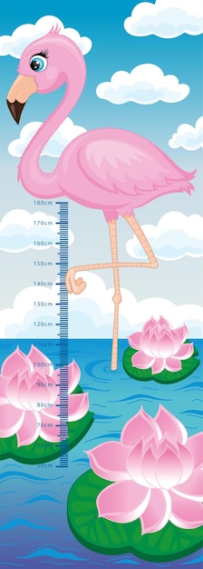 ベクトル ピンクのフラミンゴが蓮のユリのいる池に立っている子供の雲を背景に子供の身長計かわいい漫画ピンクのflamingoxdxa