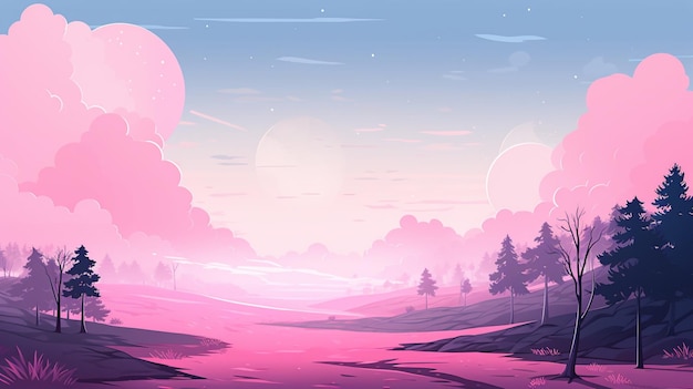 벡터 분홍색 달이 나무와 분홍색 하늘의 풍경 위에 매달려 있습니다.