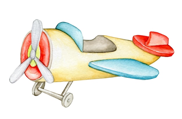孤立した背景に漫画風のおもちゃの水彩画の子供のイラストを飛行機
