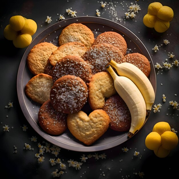 ベクトル 心臓の形をした砂糖を散らしたクッキーと円形のミニバナナの皿