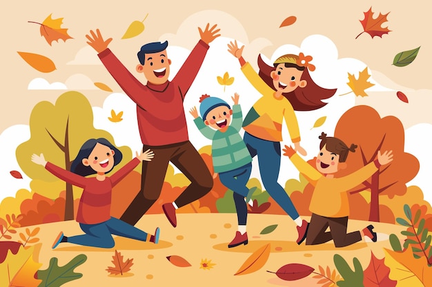 Вектор Играющие родители и дети прыгают в кучу утренних листьев со смехом и улыбкой повсюду