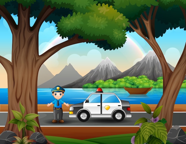 Полицейский с полицейской машиной на дороге