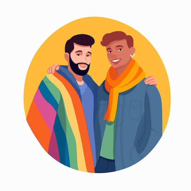 무지개 깃발을 들고 있는 게이 커플의 초상화 Lgbtq의 개념 남성 커플의 그림