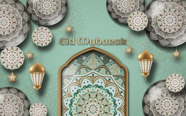벡터 녹색 배경에 이슬람 프레임과 이슬람 장식품이 있는 포스터 이드 무바라크