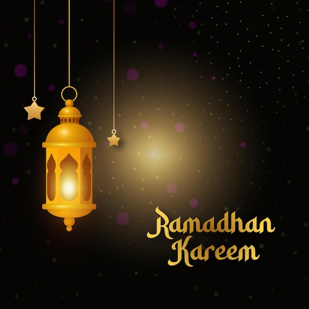 Плакат для рамадан карим с золотой лампой и звездой на темном фоне.