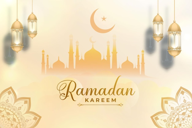 Плакат для рамадан карим с мечетью и полумесяцем наверху.