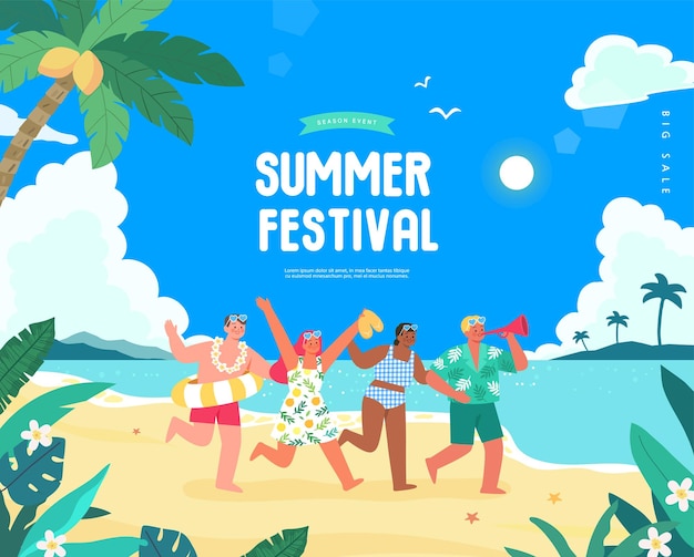 벡터 해변에서 사람들과 함께하는 여름 축제 포스터.