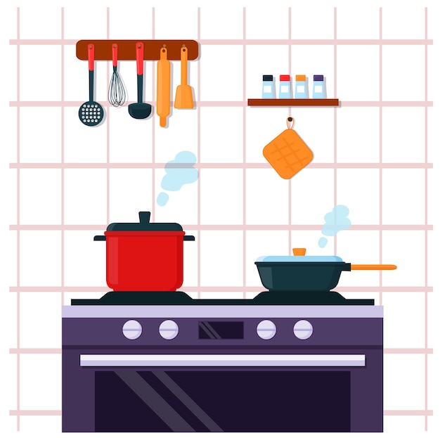 Вектор Кастрюля и сковорода на электрической плите. интерьер кухни, приготовление еды.