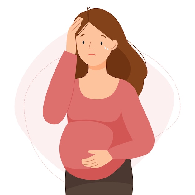 Вектор У беременной болит голова. беременная девушка плохо себя чувствует. векторная плоская иллюстрация.