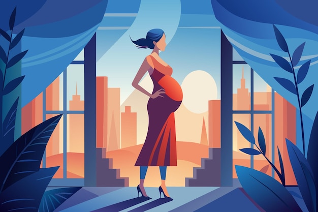 Вектор a pregnant woman stands in front of a window with a city in the background