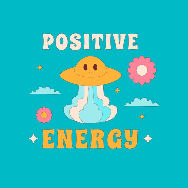 Принт с летящим в облаках нло и цветами с надписью positive energy контурный дизайн стикера в стиле 1960-х 1970-х годов