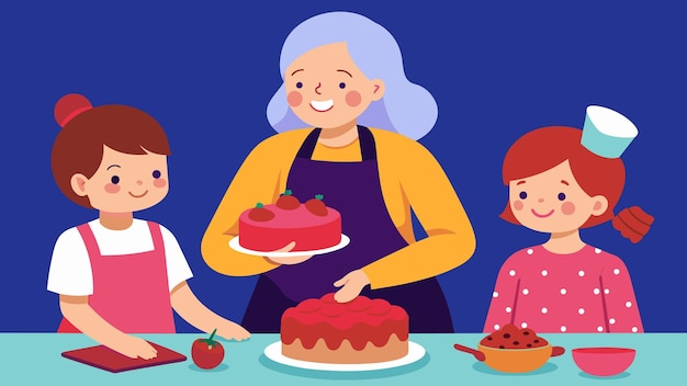 Вектор Гордая бабушка делится своим секретным рецептом красного бархатного торта, передаваемого из поколения в поколение.