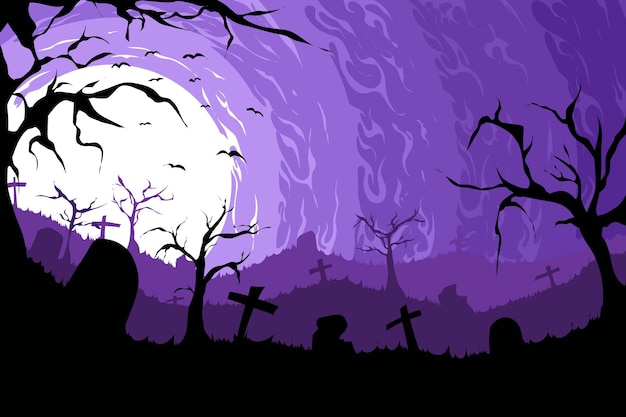 Фиолетовый фон хэллоуина с кладбищем и летучими мышами.