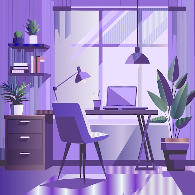 Вектор Фиолетовая комната с ноутбуком и растением в углу