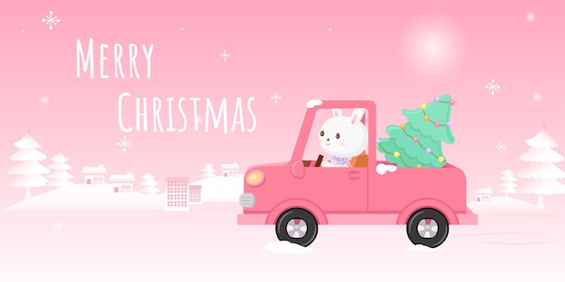 ウサギがクリスマスツリーを運転して家を飾ります。