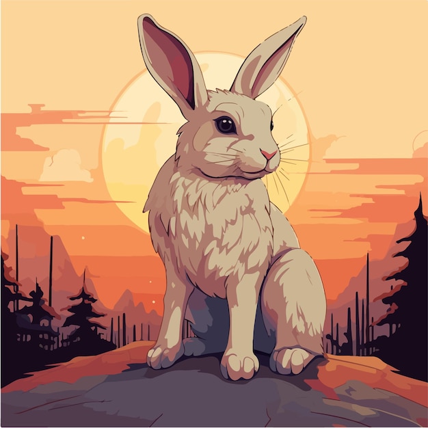 ベクトル ウサギが夕日の前の岩の上に座っています。
