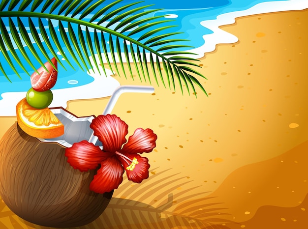 Вектор Освежающий напиток из кокосового сока на пляже