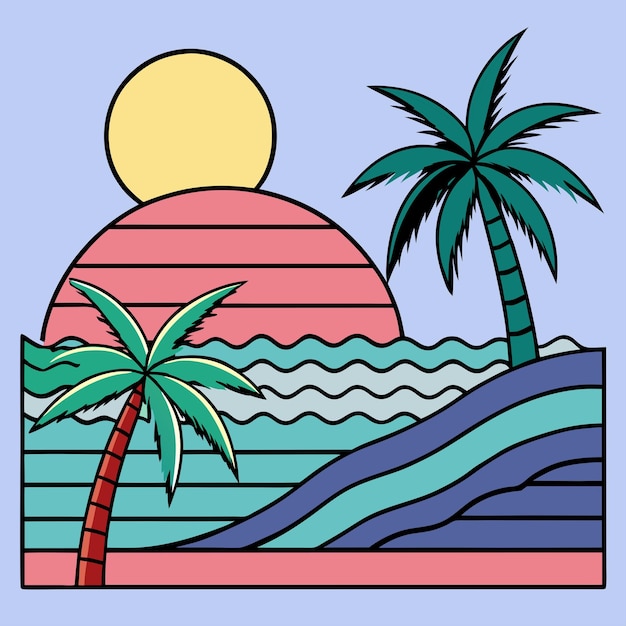 a retro beach with waves palm trees and a synth wave sun