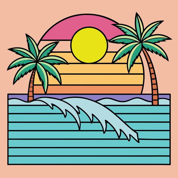a retro beach with waves palm trees and a synth wave sun