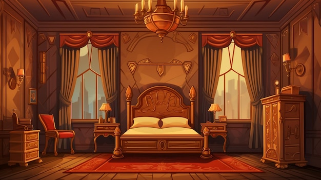 Вектор Комната с кроватью и лампой