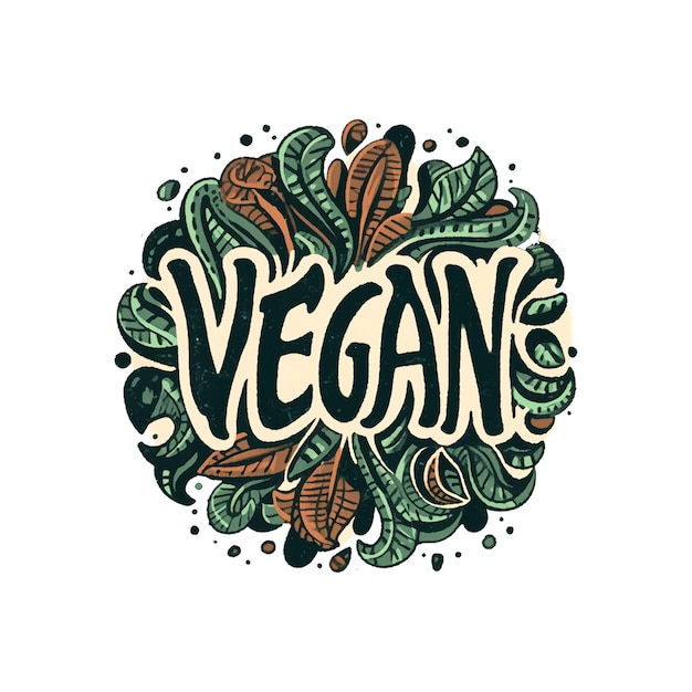 ベクトル 円形のデザインでveganという単語が斜体で書かれていますデザインには様々な葉の緑や他の自然要素が特徴で新鮮で有機的な感じを与えています