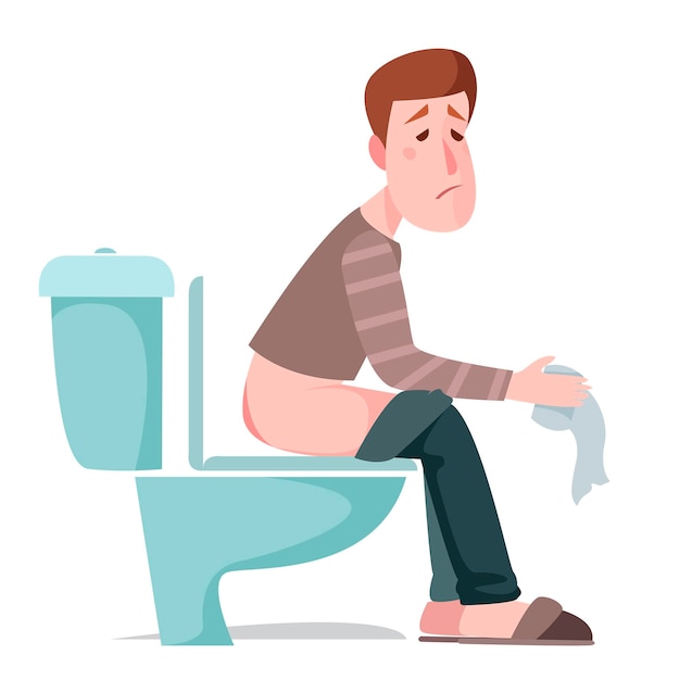슬픈 남자는 화장실에 앉아 위장 문제 치질 설사 중독 똥