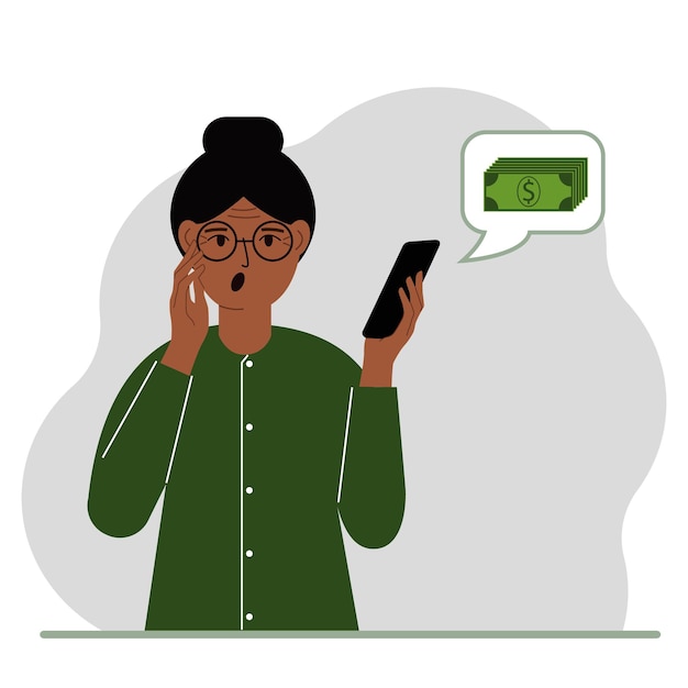 Кричащая женщина держит телефон, на который пришло сообщение о деньгах концепция увеличения или потери дохода в интернете