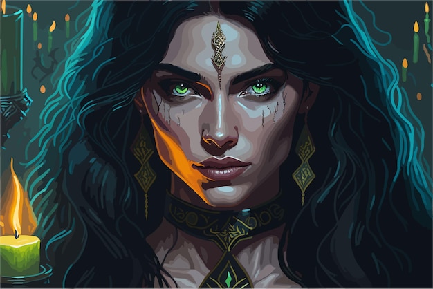 Вектор Очаровательная волшебница с длинными черными волосами и пронзительными зелеными глазами, окруженная мерцанием.