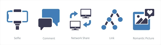 ベクトル セルフィーコメントやネットワークシェアなどの 5 つのビジネスアイコンセット