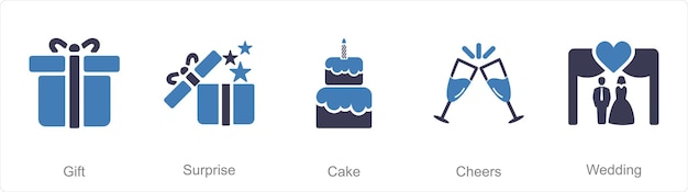 벡터 5 개의 아이콘을 선물로 선물하는 놀라움 케이크 세트