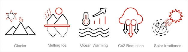 Вектор Набор из 5 икон изменения климата, как ледник тает лед, океан нагревается