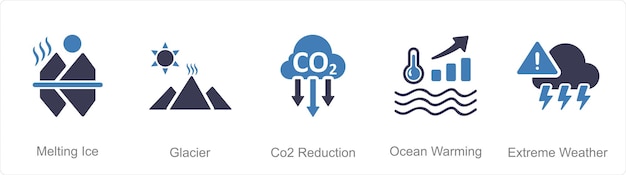 다섯 개의 기후 변화 아이콘이 빙하가 녹아서 Co2 감소로 나타납니다.