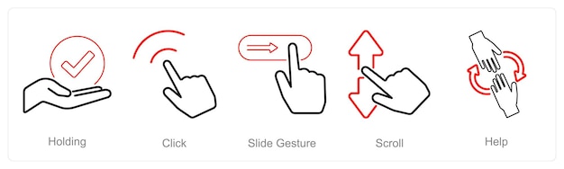Вектор Набор значков 5 рук как жест нажатия на слайде