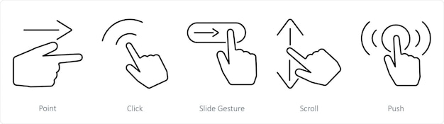 Вектор a set of 5 hands icons as point click slide gesture scroll